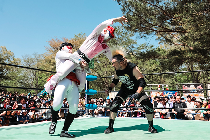 みちのくプロレス(ヤッペーマン１号、２号、かめっしー、山谷林檎🍎、日向寺塁)